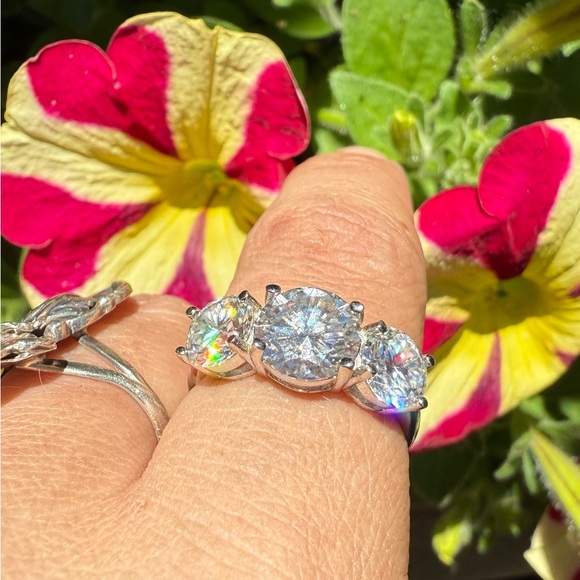 Jewelry - Moissanite Sterling Ring Triple 3 Stone 5 TOTAL CTW 2 CT center stone sz US 8.5